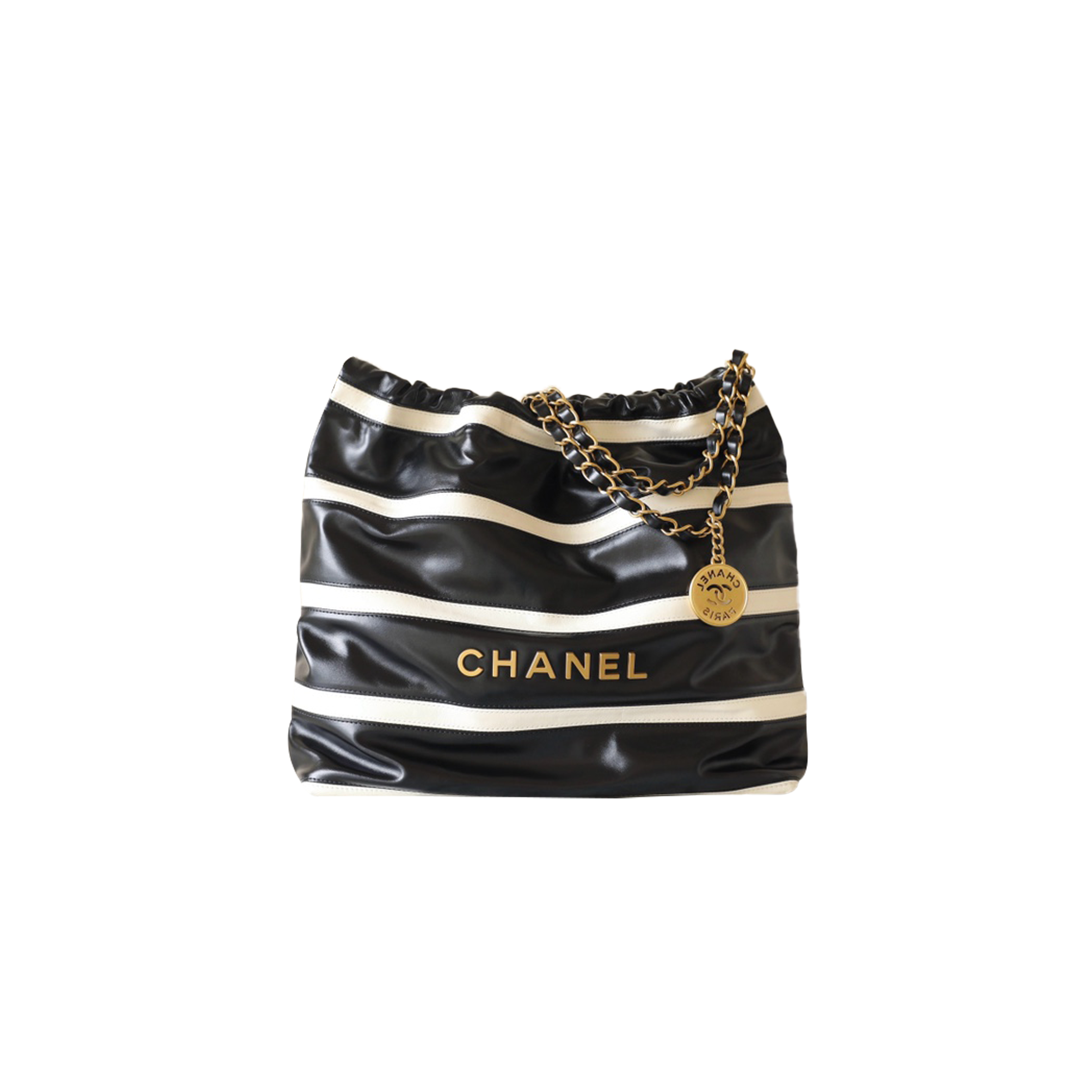 CHANEL MASTER SHINY CALFSKIN STRIPED SMALL CHANEL 22 BLACK WHITE AS3260 (37*35*7cm)